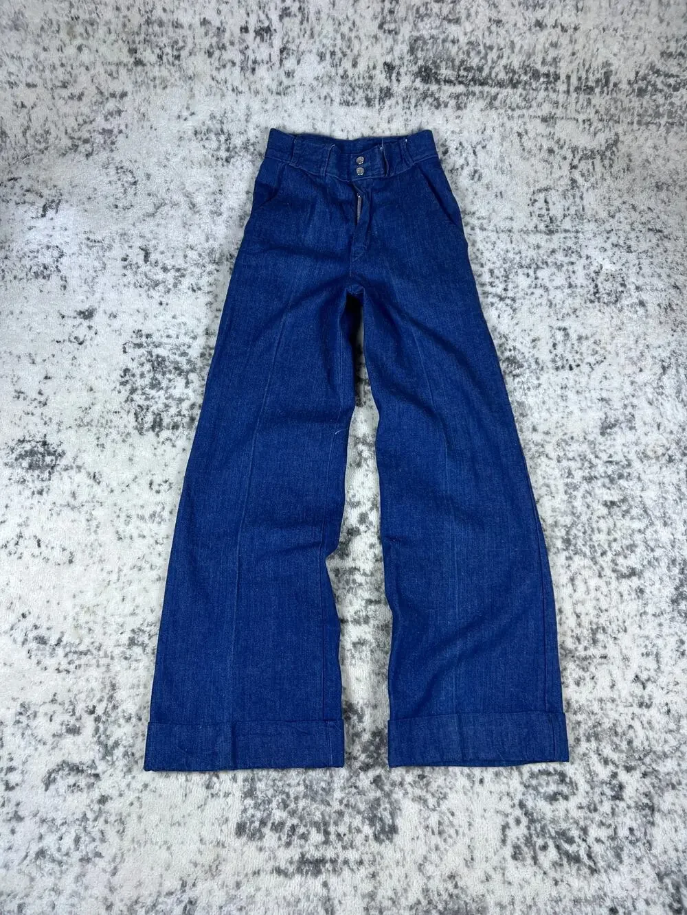 VTG 1970s Blue Denim Flare Disco Pants Size XS Hippy Pants Baggy Wide Leg